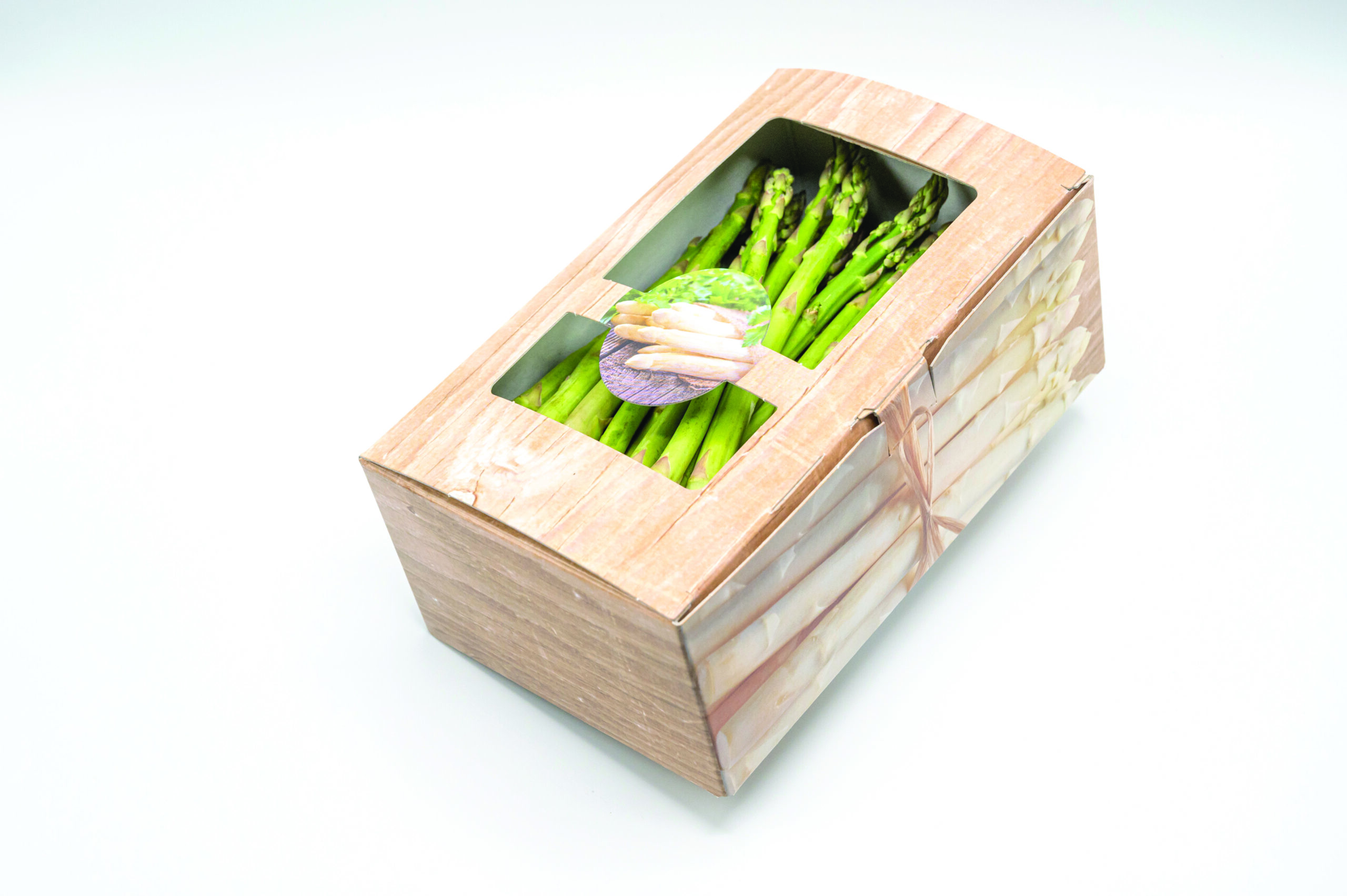 Solid board vegetable trays for asparagus packaging