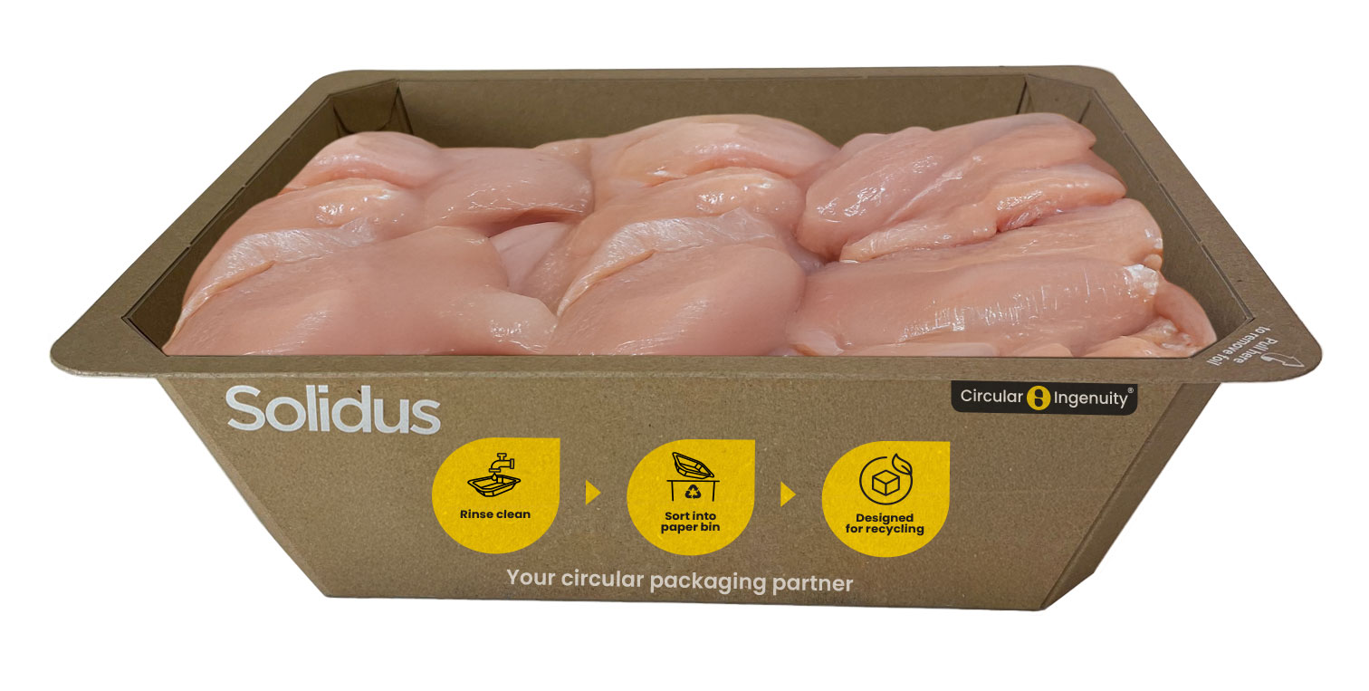Solid board gastronorm tray with chicken and printed recycling steps on side • Solidus