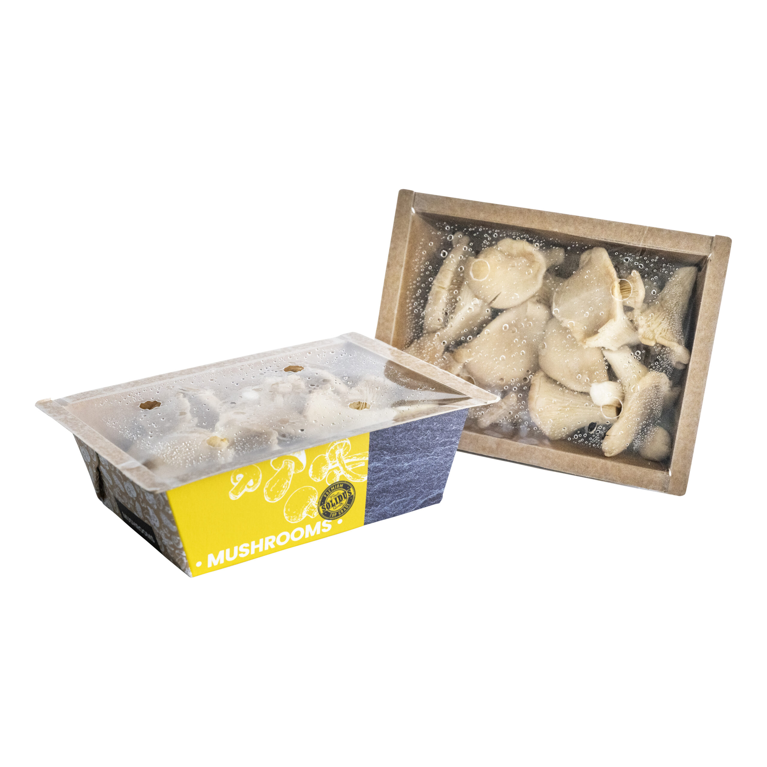 Sealable punnets with mushrooms, shows it is moisture resistant