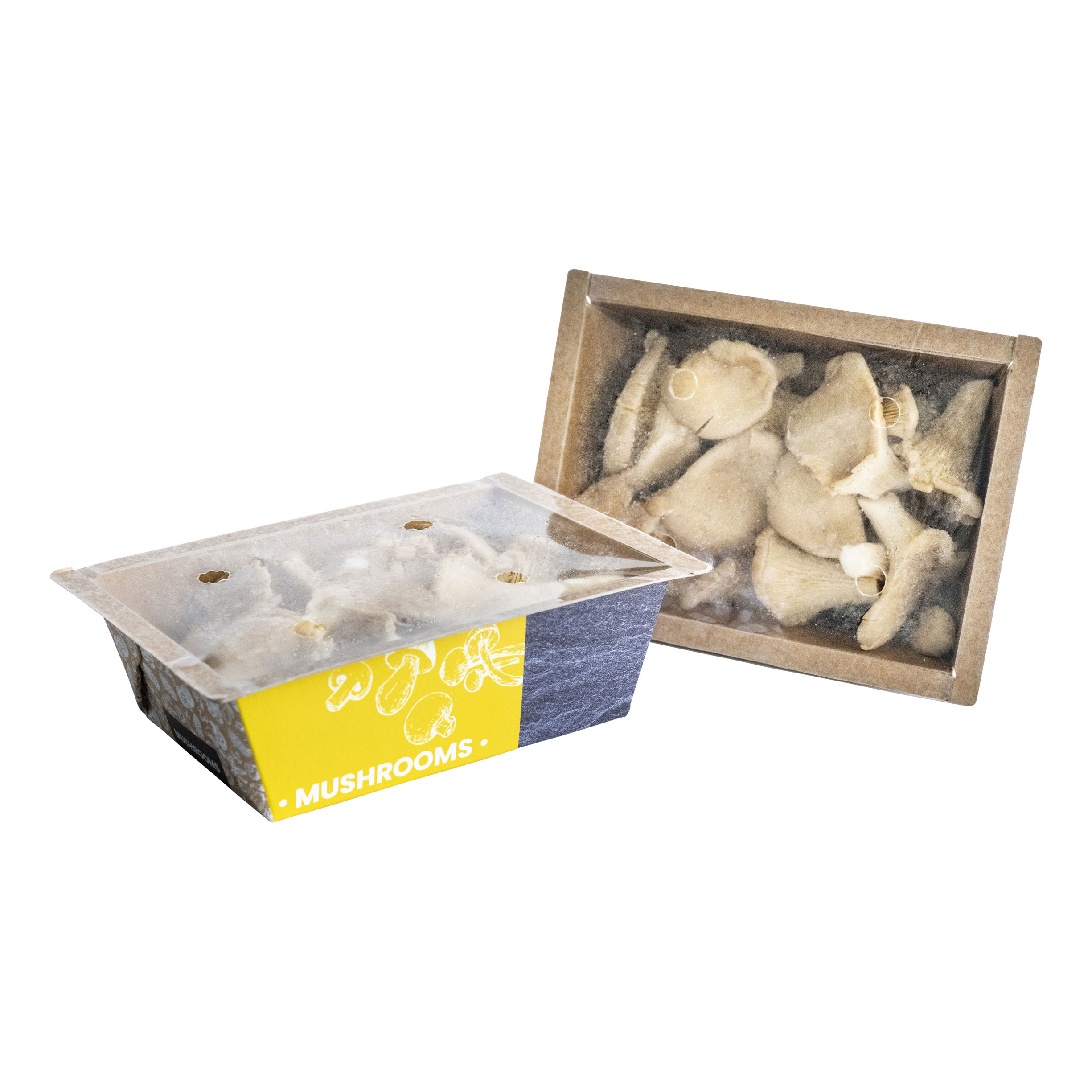 Sealable punnets with mushrooms, shows it is moisture resistant
