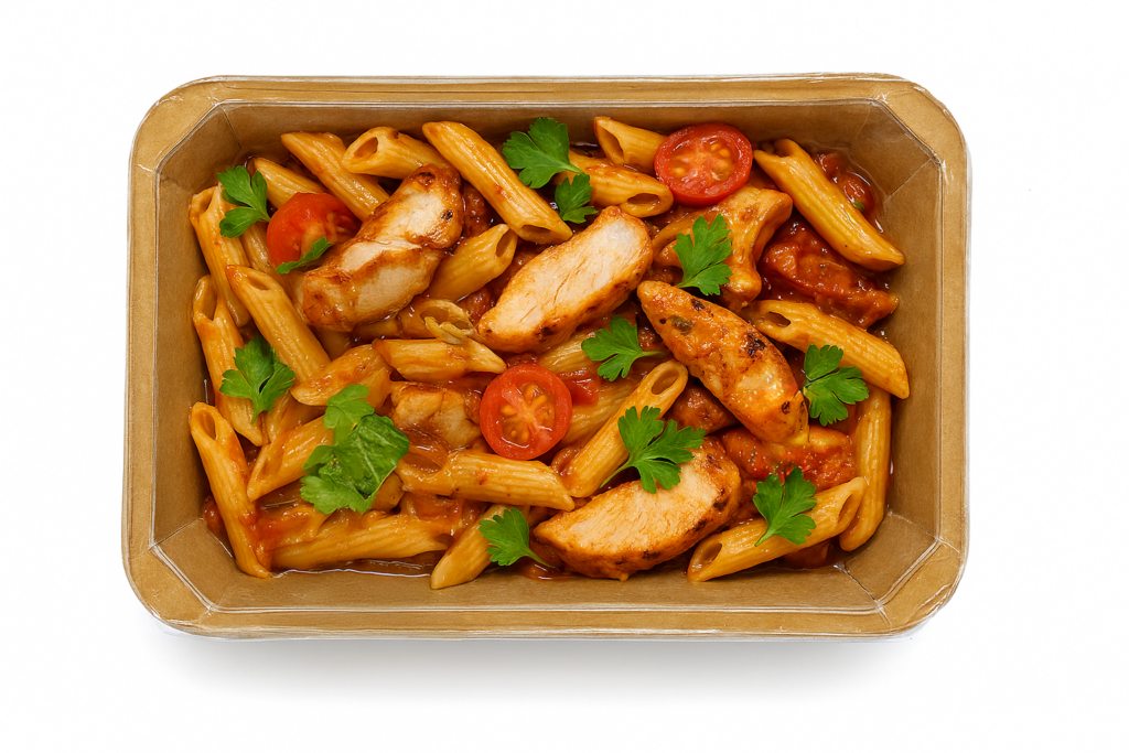 Ready meal pasta with chicken packed in a fibre-based Solidus MAP tray